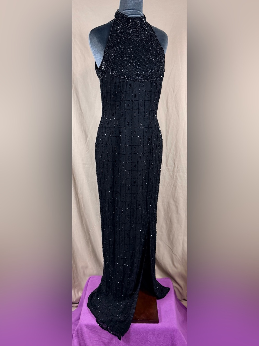 Papell Boutique Silk Evening Gown Black Beaded Halter Beaded Front slit Ball
